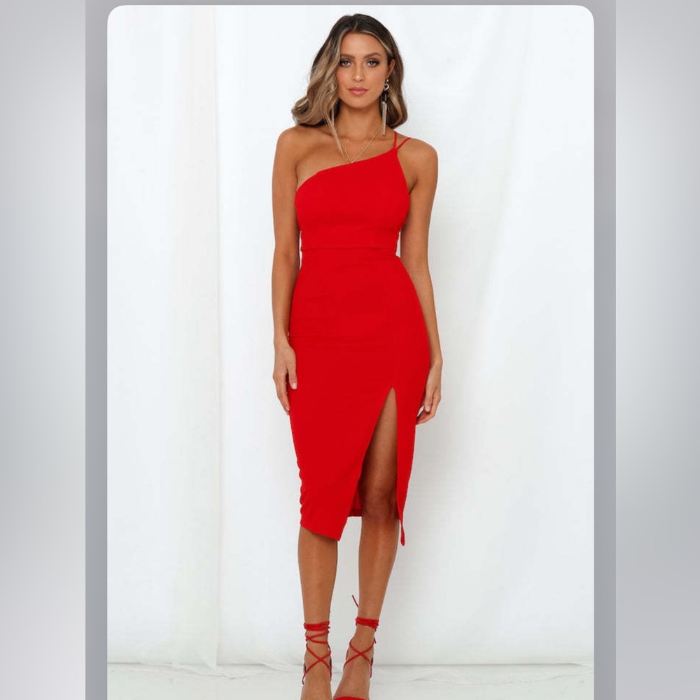 Hello Molly Red One-Shoulder Midi Dress with Front Slit